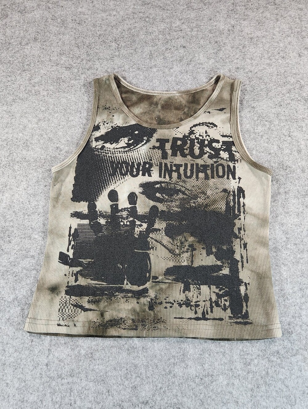 ROMWE Olive Green Ribbed Tank with Black Trust Your Intuition Graphic Small